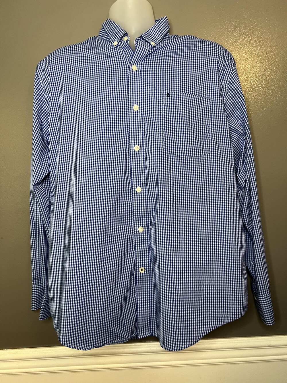 IZOD Shirt Mens Large Blue Gingham Button Down Non-Iron Stretch Long Sleeve